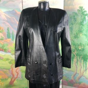 1980s collarless black leather double breasted blazer size MED/LG